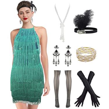 Imagem de Vestido feminino estilo melindrosa, estilo anos 20, Gatsby, com franjas, vestido de coquetel para dança e dança com conjunto de acessórios anos 20, Only Flapper Dress Black Green, X-Large