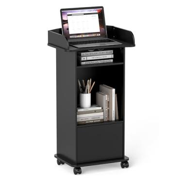 Imagem de Suporte de pódio com rodas de madeira para púlpito de madeira com suporte de púlpito portátil com armazenamento móvel recepção pódio mesa para igreja escritório escola conferência restaurante reunião,