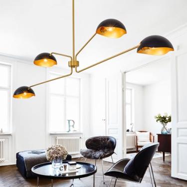 Imagem de MERCASA Lustre Moderno Grande 55" Preto E Dourado Sputnik Lustres 4 Luzes Meados Do Século Teto Pingente Luminária Luxo Metal Para Sala De Jantar Foyer Escada