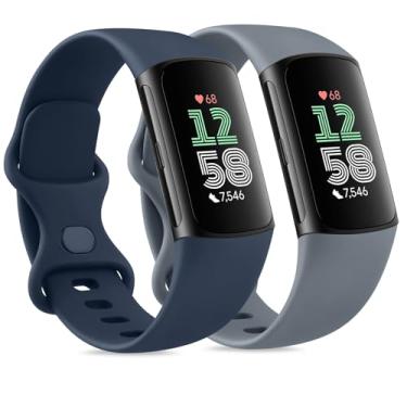 Imagem de Pacote com 2 pulseiras esportivas de substituição para Fitbit Charge 6 para Fitbit Charge 5, monitor de fitness e saúde (azul-marinho, azul, cinza, grande)