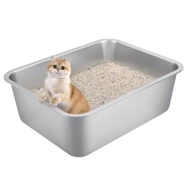 Imagem de Caixa de areia para gatos de aço inoxidável para gatos grandes – Bandeja de metal de alta face de 44,5 cm x 34,5 cm x 15,5 cm, resistente a respingos e odores, design durável à prova de ferrugem,