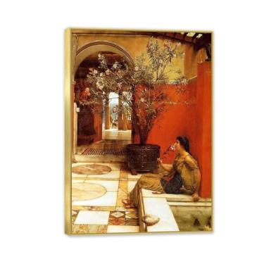 Imagem de MOBYAT Moldura dourada An Oleander por Lawrence Alma Tadema Prints, reprodução de pintura a óleo, impressão giclée em tela, arte de parede pronta para pendurar para decoração de quarto de casa. 70 x