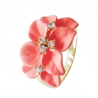 Imagem de Navachi Anel de flor de folhas de esmalte de cristal transparente banhado a ouro 18 k, 7, Zinco Zinco Esmalte, Cristal