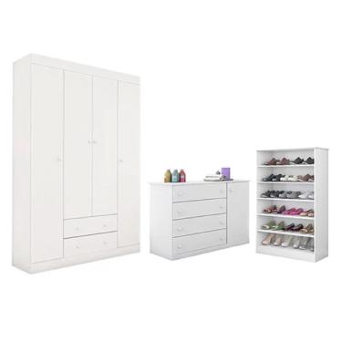 Imagem de Guarda Roupa Roupeiro Julie 4 Portas + Cômoda + Sapateira Prateleira mdp Branco