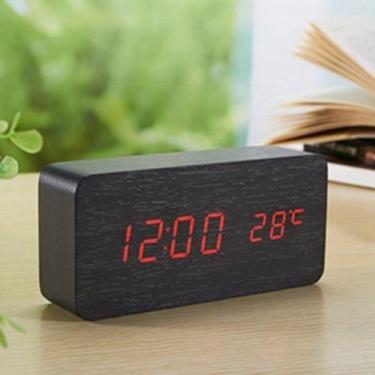 Imagem de Relogio Despertador Mesa Digital Madeira Com Sound Control Cor:Preto -