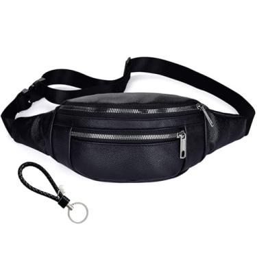 Imagem de Pochete vintage de couro legítimo, bolsos com zíper, alça de chaveiro, alça ajustável, mochila transversal de couro bovino, Preto, Pochete