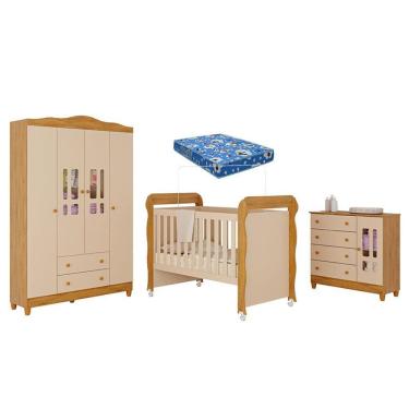 Imagem de Quarto de Bebê Ariel 4 Portas com Berço Americano Mirelle Off White Bétula com Colchão Ortobom– Carolina Baby