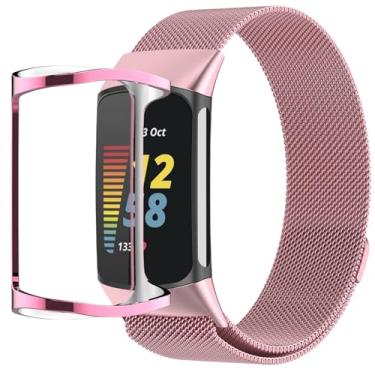 Imagem de QIEMUTER Pulseiras com capa compatível com Fitbit Charge 6/5, pulseira trançada ajustável de metal com fecho magnético, capa protetora de TPU (rosa)