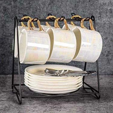 Imagem de Conjuntos de chá com bule de chá, xícaras de café, conjunto de xícaras de café de cerâmica 170 g (cerca de 150 ml) e 6 pires, 6 colheres de sopa, suporte de café, adequado para café, leite, tarde, chá
