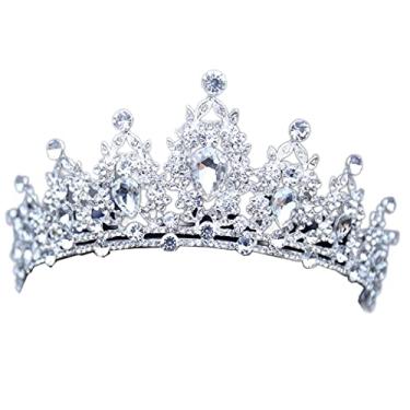 Imagem de Tiara de cabelo de casamento com coroa de cristal, tiara de noiva de cristal, diadema de cor prata, acessórios de cabelo de casamento, joias de cabeça, acessórios de cabeça para noiva