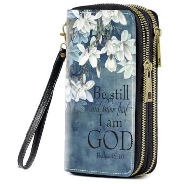 Imagem de FQTBCEARI Carteira feminina com estampa de flores de beija-flor de couro PU com zíper duplo para smartphone/cartão/moeda/dinheiro, Citação Versículo da Bíblia Salmo 46:10