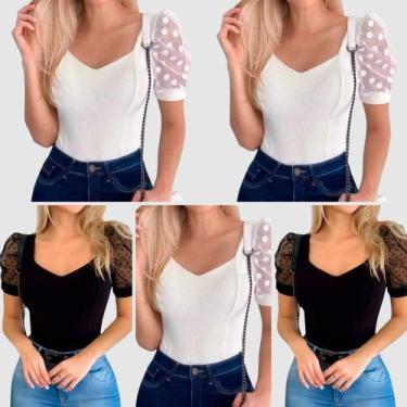 Imagem de Kit 5 Body Blusinha Canelada Manga Princesa Curta Tule Poa - Swisz, 3b