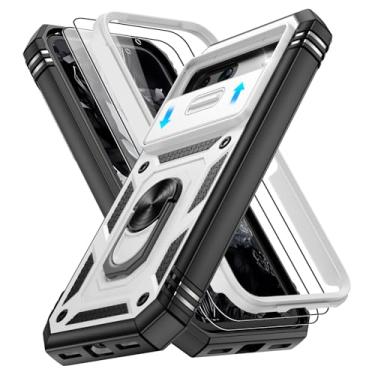 Imagem de Gritup Capa para celular Google Pixel 8A com capa de câmera deslizante e protetor de tela (2 peças), suporte de anel giratório 360, capa protetora de grau militar para Pixel 8A, branco + preto