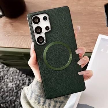 Imagem de Capa de celular magnética de couro com padrão de lichia fina para Samsung S25 S24 Plus FE S22 S23 Ultra A56 A36 A26 A16 Hybrid Protector Cover, verde escuro, para Galaxy S23Ultra