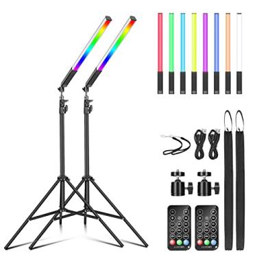 Imagem de Pacote com 2 varinhas de luz LED RGB para vídeo, kits de iluminação de estúdio de fotografia Luxceo com tripé de 73,6 cm a 205,7 cm e controle remoto, varinha de luz de fotografia regulável 36 cores 3000K-6000K