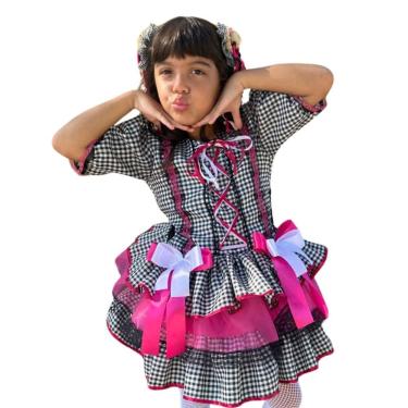 Imagem de Vestido Junino Infantil Caipira Xadrez Preto com Rosa Luxo