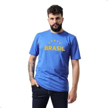 Imagem de Camiseta Masculina Brasil Amarela TechMalhas basica 100% Algodão, Azul