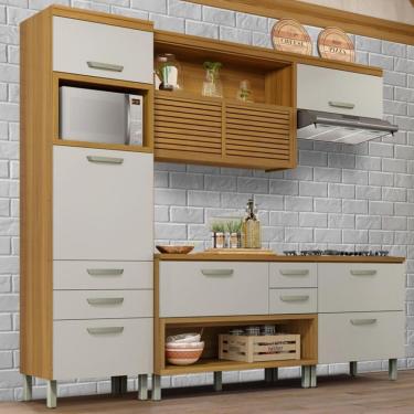 Imagem de Cozinha Completa Em Mdf Nesher Princesa Com 6 Portas 6 Gavetas E 12 Prateleiras Freijo E Off White