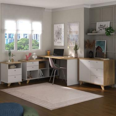 Imagem de Escritório Completo 3 Peças 1 Escrivaninha Em L Gold 1 Balcão Lugano 1 Gaveteiro Day Artany Olmo/Branco