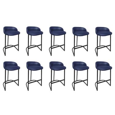Imagem de Kit 10 Banqueta Com Encosto Alta Cozinha Bar Balcão Ferro Preto Sintético Azul Marinho - Amey Decor