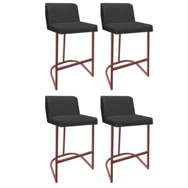 Imagem de Kit 04 Banquetas Com Encosto Confort Bistrô Cozinha Ferro Bronze Linho Grafite - Amey Decor