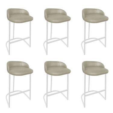 Imagem de Kit 06 Banqueta Com Encosto Alta Cozinha Bar Balcão Ferro Branco Linho Bege Escuro - Amey Decor