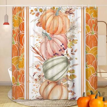 Imagem de YDIDIAN Cortina de chuveiro de abóbora de outono, cortinas de chuveiro amarelas de outono para banheiro, cortina de banheiro de tecido de folhas de eucalipto branco dourado com ganchos, 180 x 170 cm
