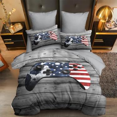 Imagem de CCoutueChen Jogo de edredom King com bandeira americana, 2 peças, azul, branco, vermelho, bandeira dos EUA, leve, para o verão, com 1 fronha, conjunto de cama de microfibra ultramacia (228 cm x 264 cm