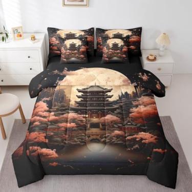 Imagem de Erosebridal Jogo de cama solteiro palácio antigo estilo Ukiyo-E, estilo oriental japonês Ukiyo-E, 7 peças, conjunto de cama floral de flor de árvore Sakura, conjunto de lençol com edredom