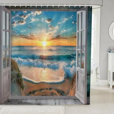 Imagem de jejeloiu Cortina de chuveiro de praia 182,88 cm x 182,88 cm cortina de banho ondas do oceano meninos meninas adolescentes porta celeiro pôr do sol conjunto de cortina de chuveiro à prova d'água