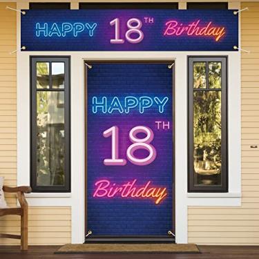 Imagem de Neon Happy 18th Birthday Capa de porta banner de varanda e grande conjunto de placa de quintal decoração colorida - Tema neon brilhante decorações de festa de aniversário de 18 anos para meninos