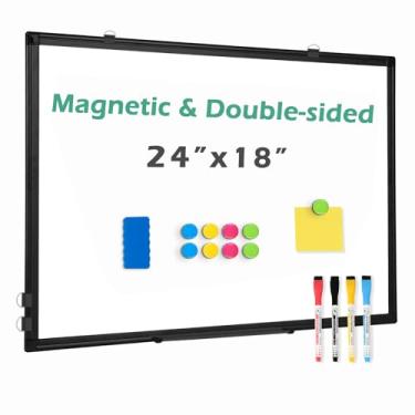 Imagem de QUEENLINK Quadro branco dupla face, quadro branco para montagem na parede 61 cm x 45 cm quadro magnético apagável a seco com moldura de alumínio preto