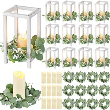Imagem de Geelin Conjunto de 12 lanternas brancas de madeira de 26 cm para centros de mesa de casamento, inclui 12 lanternas de madeira, 12 velas de LED, 12 guirlandas de folhas de eucalipto para casamento, chá