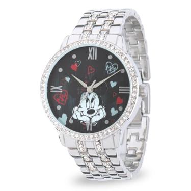 Imagem de Disney Relógio feminino Minnie Mouse Glitz – Relógios femininos estilosos Minnie Mouse, relógio elegante, relógio inspirado perfeito - pulseira de aço inoxidável, caixa prateada, mostrador preto