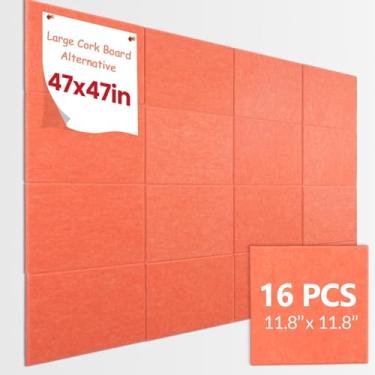 Imagem de Placas de cortiça grandes alternativas para paredes de 118 x 119 cm - 16 pacotes de azulejos de parede de feltro de 22 x 11 cm com abas adesivas removíveis seguras, placa de feltro, quadro de avisos,