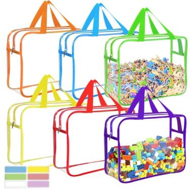 Imagem de Sacos de armazenamento de brinquedos grandes de 6 cores com etiquetas, armazenamento de jogos de tabuleiro de PVC transparente reutilizável, bolsas organizadoras à prova d'água para viagem com zíper
