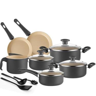 Imagem de Jogo de Panelas 10 Peças em Alumínio Antiaderente com Tampa de Vidro Inox Fundo Triplo Preto Panela Caçarola Frigideira Leiteira Panquequeira Espátula Concha Colher Cozinha Completa