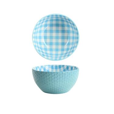 Imagem de Utensílios de mesa de cerâmica domésticos criativos tigela redonda de 15 cm para café da manhã - azul xadrez