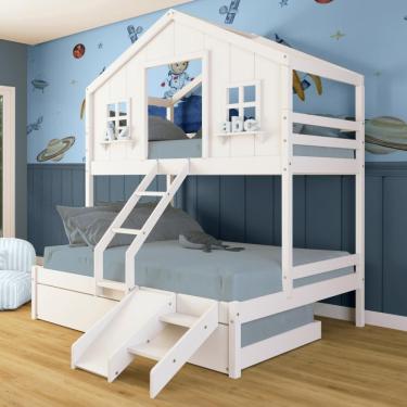 Imagem de Treliche Casal/Solteiro Casinha Dos Sonhos Kit Escada/ Escorregador Madeira Maciça Branco Megamobilia