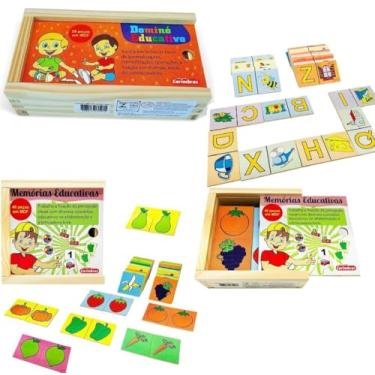 Imagem de Kit Educativo Alfabetização e Educação Alimentar – Dominó de Figuras e Letras + Memória de Legumes e Frutas – Carimbrás