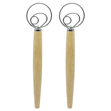 Imagem de Medoca Pacote Com 2 Batedores Para Massa Dinamarquesa, Cabo De Madeira, Aço Inoxidável, Utensílios Fazer Pão, Misturador Bolos E Biscoitos