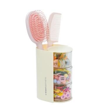 Imagem de FABROK Organizador de acessórios de cabelo transparente de 3 camadas com suporte de escovas de cabelo, pequena caixa de joias rotativa para colar de brinco de grampo de cabelo, estojo organizador de
