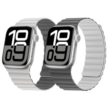 Imagem de HITZEE Pulseira magnética reversível dupla face compatível com Apple Watch 42(S10)/41/40/38 mm, pulseira de silicone macio para iWatch séries 10, 9, 8, 7, SE 6-1 (42/41/40/38, bege/cinza)