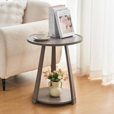 Imagem de Mesa lateral redonda de madeira maciça – mesa lateral pequena com extremidade redonda, mesa lateral moderna de madeira para sala de estar com prateleira de armazenamento para sofá, poltrona, quarto