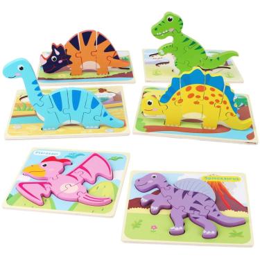 Imagem de Puzzles de madeira SYNARRY Dinosaur 3D, pacote com 6, crianças de 3 a 5 anos