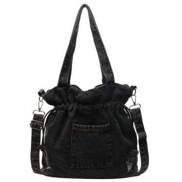 Imagem de Bolsa de ombro jeans feminina de lona, bolsa transversal, estética, grande, jeans, bolsa mensageiro, bolsas Hobo com cordão, Preto, Free