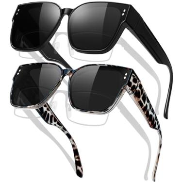 Imagem de KANASTAL 2 Pares Óculos de Sol Sobrepor Feminino Masculino Polarizado Preto Escuro Leopardo Oculos Tartaruga Quadrado Grande Proteção UV400 Pacotes 2 -Pretos + Tartaruga Preto
