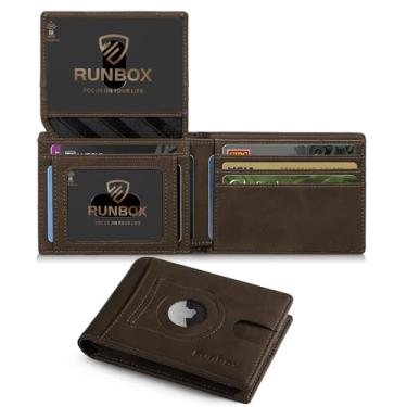 Imagem de RUNBOX Carteira masculina Air Tag, fina, de couro RFID, 2 porta-documentos com caixa de presente, CH Brown