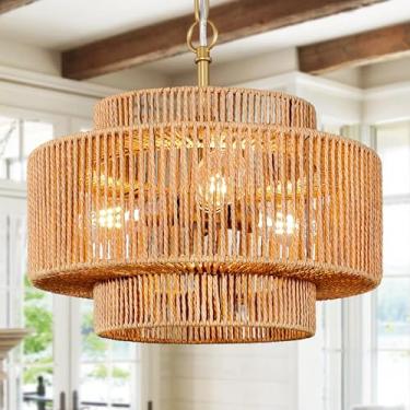 Imagem de Bagood Luminária Pendente De Vime De 18" Luminária Pendente Dourada Trançada Luminária De Lustre Boho De 3 Luzes Luminária Pendente De Vime De 3 Camadas Luminárias Rústicas Lustre De Vime Trançado À