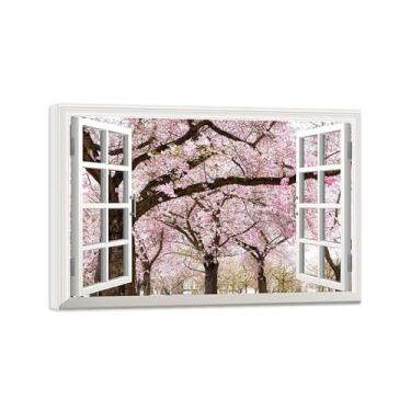 Imagem de Impressões em tela paisagens-Arte parede para janela falsa-Árvore cerejeira em flor-Natureza Pintura Decoração Banheiro Tela Embrulhada 40x60cm